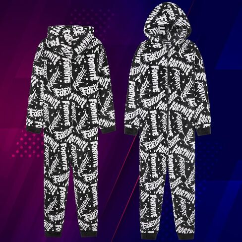 Fortnite One Piece Pajamas for Boys, Teens, Fleece Jumpsuit, Hooded Sleepwear, Cozy Gamer PJ, Loungewear PJs, Gifts for Boys (9-10 Years, Black/White) in Kuwait