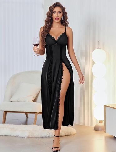 AVIDLOVE ثوب النوم المثير للنساء الساتان Babydoll Chemise Lingerie v الرقبة الليلية على جانب ثوب نوم in Kuwait