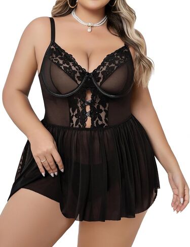 Plus Size Lingerie for Women Sexy Lingerie Dress Lace Babydoll Lingerie V-Neck Criss-Cross Hollow Strap Nightdress in Saudi Arabia