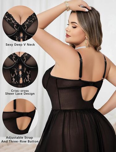 Plus Size Lingerie for Women Sexy Lingerie Dress Lace Babydoll Lingerie V-Neck Criss-Cross Hollow Strap Nightdress in Saudi Arabia