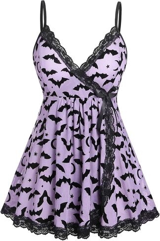 ROSE GAL Rosegal Womens Plus Size Lingerie Chemise Sleepwear Halloween Bat Print Lace Trim Mesh Babydoll with Thong Panty in Saudi Arabia