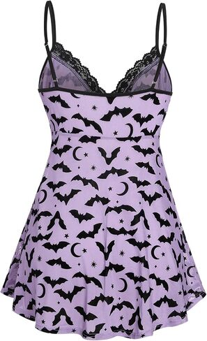 ROSE GAL Rosegal Womens Plus Size Lingerie Chemise Sleepwear Halloween Bat Print Lace Trim Mesh Babydoll with Thong Panty in Saudi Arabia