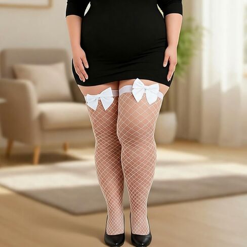 Plus Size Thigh High Stockings with Bows, Fishnet Over The Knee Socks for Women, Plus Size Fishnets Opaque Stay Up Lingerie for Valentine's Day, Daily Wear, Black and White in Saudi Arabia