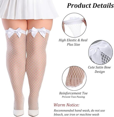 Plus Size Thigh High Stockings with Bows, Fishnet Over The Knee Socks for Women, Plus Size Fishnets Opaque Stay Up Lingerie for Valentine's Day, Daily Wear, Black and White in Saudi Arabia