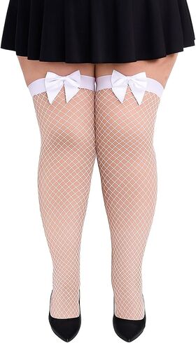 Plus Size Thigh High Stockings with Bows, Fishnet Over The Knee Socks for Women, Plus Size Fishnets Opaque Stay Up Lingerie for Valentine's Day, Daily Wear, Black and White in Saudi Arabia