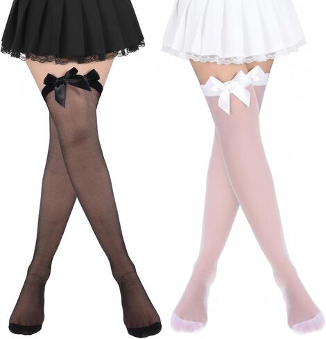 2 Pairs Lace Thigh High Stockings with Satin Bow Black White Thigh High Stockings for Women Cute Sexy Over the Knee Socks for Halloween Valentine's Day in Saudi Arabia