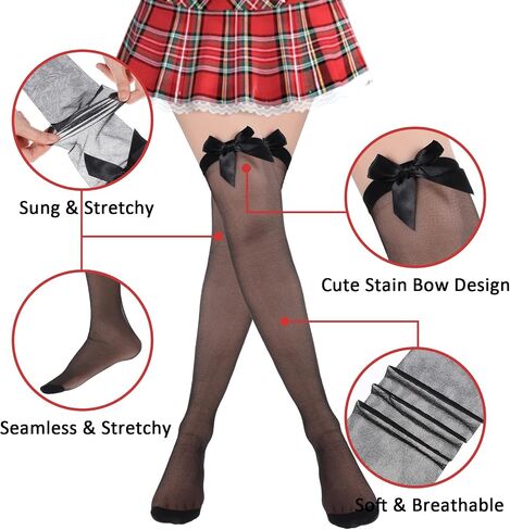 2 Pairs Lace Thigh High Stockings with Satin Bow Black White Thigh High Stockings for Women Cute Sexy Over the Knee Socks for Halloween Valentine's Day in Saudi Arabia