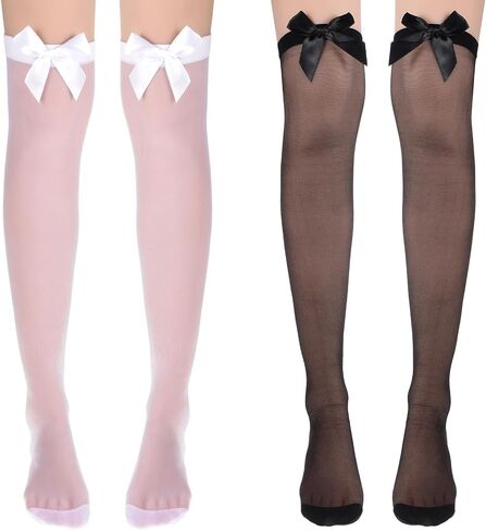 2 Pairs Lace Thigh High Stockings with Satin Bow Black White Thigh High Stockings for Women Cute Sexy Over the Knee Socks for Halloween Valentine's Day in Saudi Arabia
