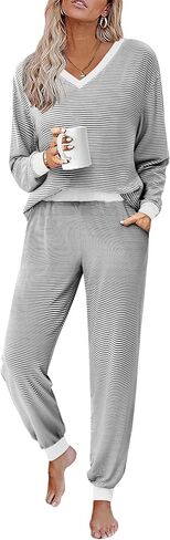 JUSTFASHIONNOW Women's Pajama Sets 2 Piece Striped Lounge Sets Long Sleeve Top and Pants Soft Sleepwear Pjs 2025 Fall Outfits in Saudi Arabia