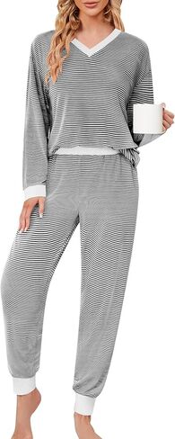 JUSTFASHIONNOW Women's Pajama Sets 2 Piece Striped Lounge Sets Long Sleeve Top and Pants Soft Sleepwear Pjs 2025 Fall Outfits in Saudi Arabia