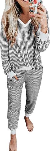 JUSTFASHIONNOW Women's Pajama Sets 2 Piece Striped Lounge Sets Long Sleeve Top and Pants Soft Sleepwear Pjs 2025 Fall Outfits in Saudi Arabia