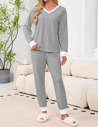 JUSTFASHIONNOW Women's Pajama Sets 2 Piece Striped Lounge Sets Long Sleeve Top and Pants Soft Sleepwear Pjs 2025 Fall Outfits in Saudi Arabia