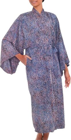 Novica Artisan يدويًا Rayon Batik Robe Blue Peach من Indonesia Clothing Pink المطبوعة "Maze" in Saudi Arabia