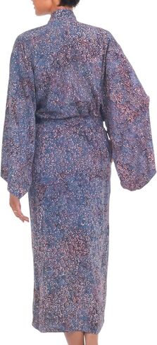 Novica Artisan يدويًا Rayon Batik Robe Blue Peach من Indonesia Clothing Pink المطبوعة "Maze" in Saudi Arabia