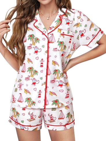 بيجامة نسائية Preppy Bear Y2k طقم Pj لطيف مكون من قطعتين بأكمام قصيرة وزر للأسفل ملابس للاستلقاء Pjs طقم بيجامة in Kuwait