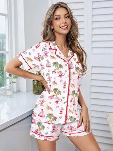 بيجامة نسائية Preppy Bear Y2k طقم Pj لطيف مكون من قطعتين بأكمام قصيرة وزر للأسفل ملابس للاستلقاء Pjs طقم بيجامة in Kuwait