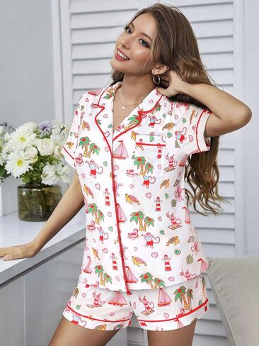 بيجامة نسائية Preppy Bear Y2k طقم Pj لطيف مكون من قطعتين بأكمام قصيرة وزر للأسفل ملابس للاستلقاء Pjs طقم بيجامة in Kuwait