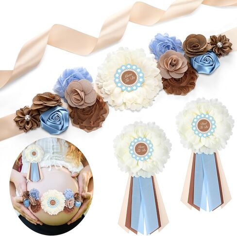 Cielito Lindo Baby Shower Sash Set Mom to Be Sash Daddy to Be Corsage Pin Blue Belt Flower for Maternity Dress Pregnancy Photo Props Supplies Gender Reveal Decorations in Kuwait