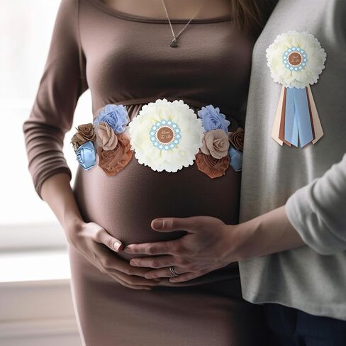 Cielito Lindo Baby Shower Sash Set Mom to Be Sash Daddy to Be Corsage Pin Blue Belt Flower for Maternity Dress Pregnancy Photo Props Supplies Gender Reveal Decorations in Kuwait