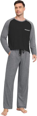 Mens Pajamas Set Lightweight Nightwear Pjs Sleepwear Quick Dry Soft Comfy Long Sleeve Loungewear With Pocket in Kuwait