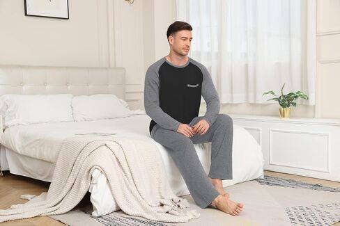 Mens Pajamas Set Lightweight Nightwear Pjs Sleepwear Quick Dry Soft Comfy Long Sleeve Loungewear With Pocket in Kuwait