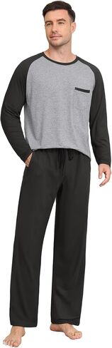 Mens Pajamas Set Lightweight Nightwear Pjs Sleepwear Quick Dry Soft Comfy Long Sleeve Loungewear With Pocket in Kuwait
