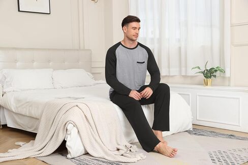 Mens Pajamas Set Lightweight Nightwear Pjs Sleepwear Quick Dry Soft Comfy Long Sleeve Loungewear With Pocket in Kuwait