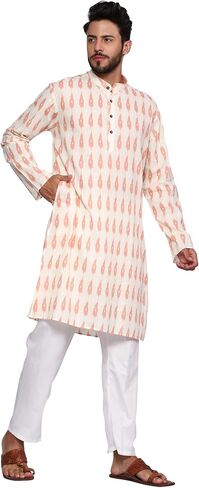 TOSQP27 Mens Pure Cotton Kurta Pajama Set Gift Printed Knee-Length Casual Wear Ethnic Long Sleeve Top for Wedding Festival in Saudi Arabia