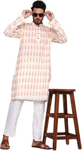 TOSQP27 Mens Pure Cotton Kurta Pajama Set Gift Printed Knee-Length Casual Wear Ethnic Long Sleeve Top for Wedding Festival in Saudi Arabia