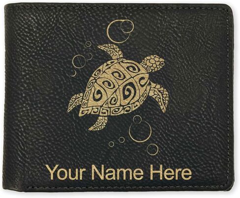 LaserGram Faux Leather Bi-Fold Wallet, Hawaiian Sea Turtle, Personalized Engraving Included (Black with Silver) in Kuwait