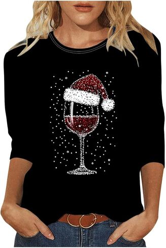 Ugly Christmas Sweater Women 3/4 Sleeve Glitter Red Wine Glass T-Shirts Tunic Tops Funny Santa Hat Party Tees Gifts in Saudi Arabia