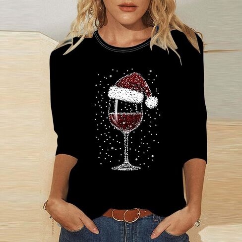 Ugly Christmas Sweater Women 3/4 Sleeve Glitter Red Wine Glass T-Shirts Tunic Tops Funny Santa Hat Party Tees Gifts in Saudi Arabia