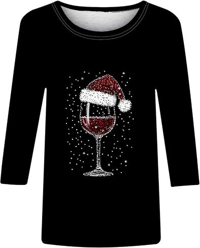 Ugly Christmas Sweater Women 3/4 Sleeve Glitter Red Wine Glass T-Shirts Tunic Tops Funny Santa Hat Party Tees Gifts in Saudi Arabia