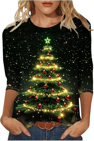 قمصان عيد الميلاد للنساء 2025 Glitter Christmas Tree Sweater 3/4 Sleeve Vintage Xmas Tops Party Party Gifts in Saudi Arabia