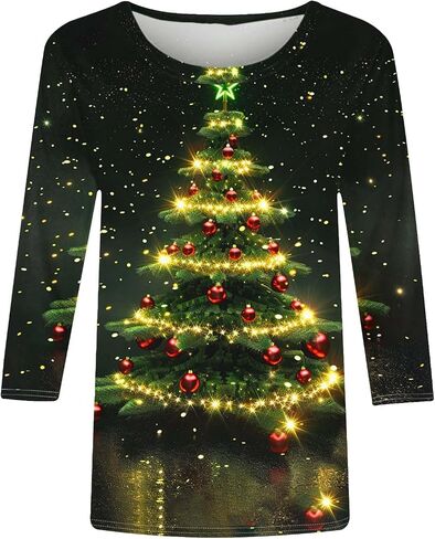 قمصان عيد الميلاد للنساء 2025 Glitter Christmas Tree Sweater 3/4 Sleeve Vintage Xmas Tops Party Party Gifts in Saudi Arabia