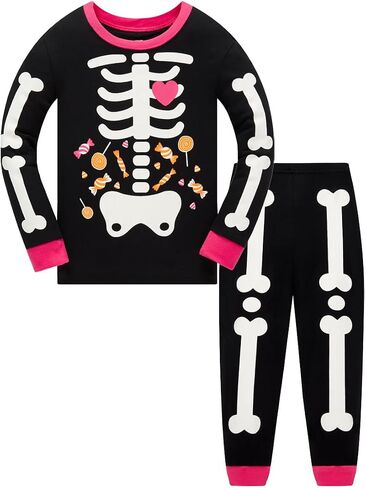 Akyzic Girls Halloween Pajamas Skeleton Glow in the Dark Cotton Sleepwear Two Piece Halloween Jammies 1-10 Years in Kuwait