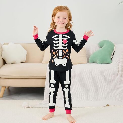 Akyzic Girls Halloween Pajamas Skeleton Glow in the Dark Cotton Sleepwear Two Piece Halloween Jammies 1-10 Years in Kuwait