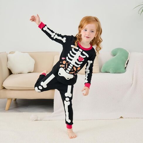Akyzic Girls Halloween Pajamas Skeleton Glow in the Dark Cotton Sleepwear Two Piece Halloween Jammies 1-10 Years in Kuwait