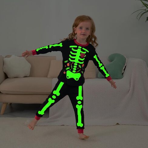 Akyzic Girls Halloween Pajamas Skeleton Glow in the Dark Cotton Sleepwear Two Piece Halloween Jammies 1-10 Years in Kuwait