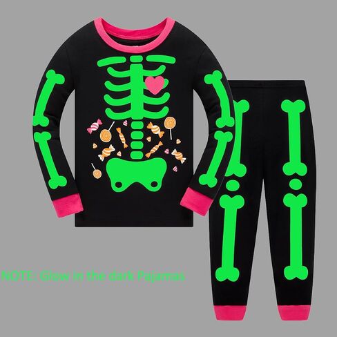 Akyzic Girls Halloween Pajamas Skeleton Glow in the Dark Cotton Sleepwear Two Piece Halloween Jammies 1-10 Years in Kuwait