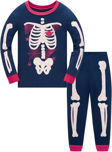 Akyzic Girls Halloween Pajamas Skeleton Glow in the Dark Cotton Sleepwear Two Piece Halloween Jammies 1-10 Years in Kuwait