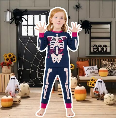 Akyzic Girls Halloween Pajamas Skeleton Glow in the Dark Cotton Sleepwear Two Piece Halloween Jammies 1-10 Years in Kuwait