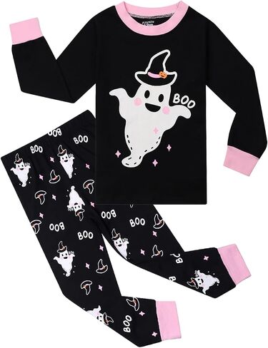 Akyzic Girls Halloween Pajamas Skeleton Glow in the Dark Cotton Sleepwear Two Piece Halloween Jammies 1-10 Years in Kuwait