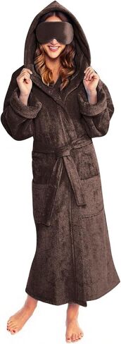 Women's Plush Fleece Robe with Hood and Pockets, Soft Long Bathrobe with Eye Mask for Spa Sleepwear and Loungewear in Kuwait