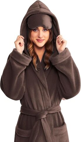 Women's Plush Fleece Robe with Hood and Pockets, Soft Long Bathrobe with Eye Mask for Spa Sleepwear and Loungewear in Kuwait
