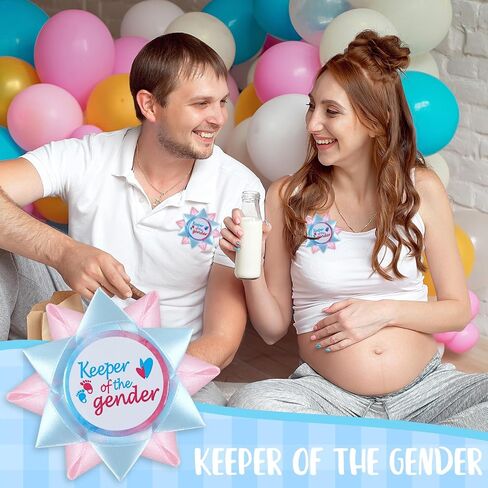 Keeper of the Gender Button Pins Gender Reveal Party Decorations, Boy or Girl Gender Keeper Pin Light Blue and Pink Ribbon Baby Feet Heart Badge Pinbacks for Baby Shower Party Favors Gifts in Saudi Arabia