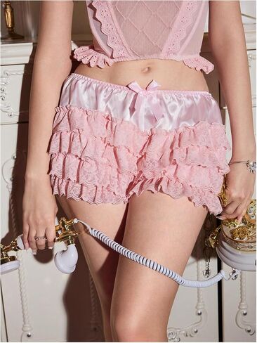 Shenhe Women's Lace Boyshort Panty Satin Bow Coquette Kawaii Lolita Bloomers Intelder in Kuwait