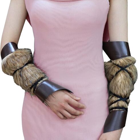 Womens Faux Fur Arm Sleeves Cuff Warmers Halloween Viking Warrior Costume Leather Bracers Medieval Wrist Hand Bands in Kuwait