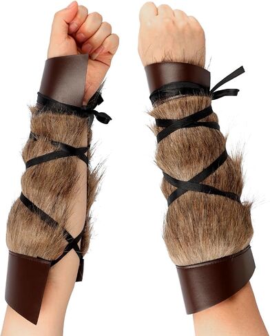 Womens Faux Fur Arm Sleeves Cuff Warmers Halloween Viking Warrior Costume Leather Bracers Medieval Wrist Hand Bands in Kuwait