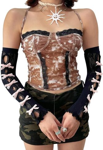 الأكمام ذات الذراع القوطية النسائية قفازات دانتيل أصابع ، y2k bowtie ذراع التدفئة goth goth in Kuwait